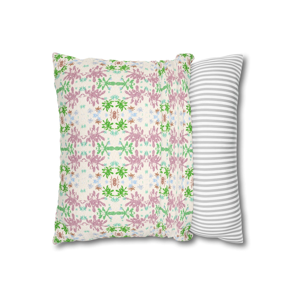 Green and Pink Floral Mosaic Square Pillowcase — Pastel Garden Decorative Throw Pillow Cover