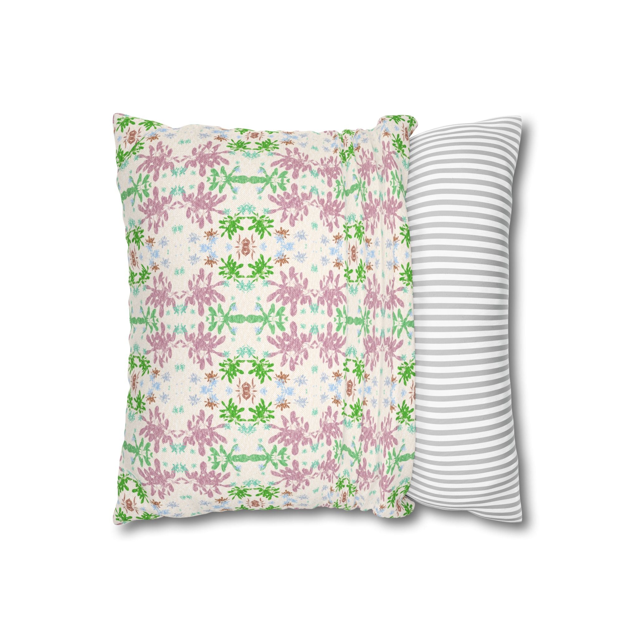 Green and Pink Floral Mosaic Square Pillowcase — Pastel Garden Decorative Throw Pillow Cover